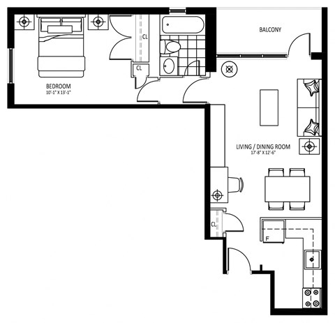 Floor plan for 1 bed, 1 bath, 590 sqft